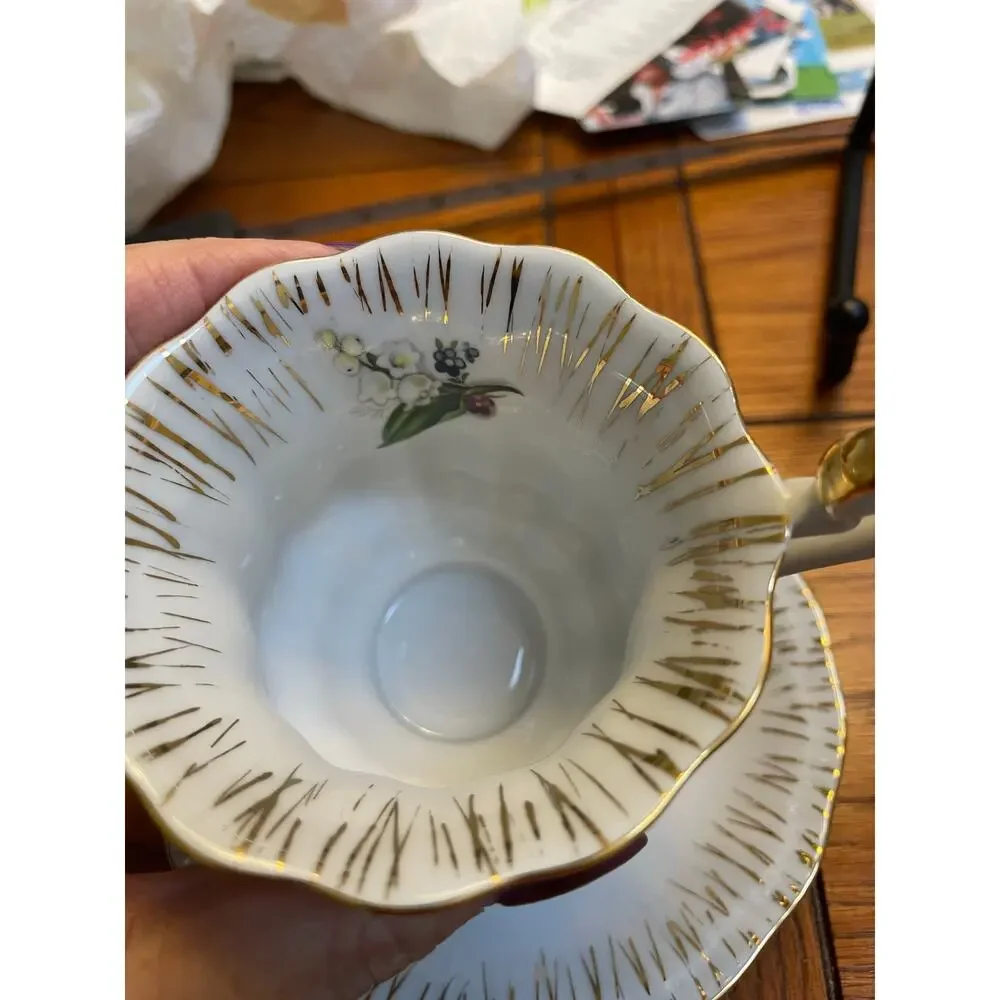K&M Czech Republic Lily Valley 5pc Tea Set Cup 2 Saucers 2 Plates Gold